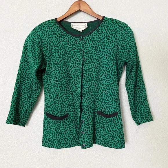 ADRIENNE VITTADINI Vintage Leopard Cardigan Small Green Black Y2K Dark Academia - Picture 2 of 11
